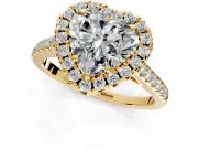Halo Engagement Ring Setting for Heart-Shaped Center with Raised Halo, Pave Band and Prong Head in Yellow Gold