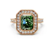 Halo Engagement Ring Setting for Fancy Green Radiant Cut Center with Milgrain Frame, Pave Band and Prong Head in Rose Gold