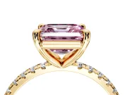 Solitaire Engagement Ring Setting for Fancy Pink Asscher Cut Center with Fine Pave Narrow Band and Prong Head in Yellow Gold