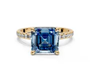 Solitaire Engagement Ring Setting for Fancy Blue Asscher Cut Center with Fine Pave Narrow Band and Prong Head in Yellow Gold