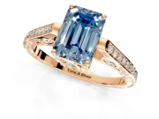 Cathedral Engagement Ring Setting for Fancy Blue Emerald Cut Center with Antique-Style Pave Band and Prong Head in Rose Gold