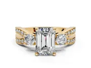 3 Stone Engagement Ring Setting for Emerald Cut Center with Pave Twist Band and Prong Head in Yellow Gold