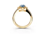 Milgrain Halo Engagement Ring Setting for Fancy Blue Oval Center with Three-Sided Pave Band and Prong Head in Yellow Gold
