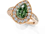 Bezel-Framed Halo Engagement Ring Setting for Fancy Green Pear-Shaped Center with Pave Band and Prong Head in Rose Gold