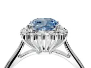 Starburst Halo Engagement Ring Setting for Fancy Blue Cushion Cut Center with Thin Round-Wire Band and Prong Head in Platinum