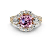 Halo Engagement Ring Setting for Fancy Pink Cushion Cut Center with Two-Strand Split Shank and Prong Head in Yellow Gold