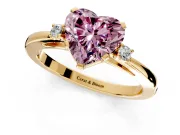 3 Stone Engagement Ring Setting for Fancy Pink Heart-Shaped Center with Low-Set Round Cut Accents and Prong Head in Yellow Gold