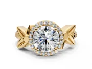Halo Engagement Ring Setting for Round Cut Center with Floral Band and Prong Head in Yellow Gold