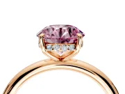 Hidden Halo Engagement Ring Setting for Fancy Pink Round Cut Center with Thin Rounded Band and Prong Head in Rose Gold