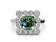 Cluster Halo Engagement Ring Setting for Fancy Green Cushion Cut Center with Milgrain Bezel Accents and Prong Head in White Gold