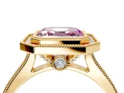 Halo Engagement Ring Setting for Fancy Pink Asscher Cut Center with Milgrain Pave Band and Bezel Head in Yellow Gold