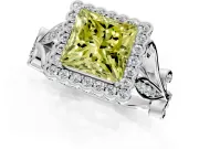 Halo Engagement Ring Setting for Fancy Yellow Princess Cut Center with Leaf Motif Split Shank and Prong Head in Sterling Silver