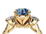 3 Stone Engagement Ring Setting for Fancy Blue Round Cut Center with Crossover Basket, Pave Band and Prong Head in Yellow Gold