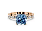 Open Basket Engagement Ring Setting for Fancy Blue Cushion Cut Center with Pave Band and Prong Head in Rose Gold