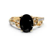 Leaf Motif Engagement Ring Setting for Fancy Black Oval Center with Pave Band and Prong Head in Yellow Gold