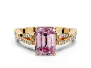 Solitaire Engagement Ring Setting for Fancy Pink Emerald Cut Center with Twisted Pave Split Shank and Prong Head in Yellow Gold