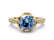 Floral Engagement Ring Setting for Fancy Blue Cushion Cut Center with Four Accent Clusters and Prong Head in Yellow Gold
