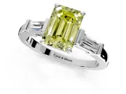 3 Stone Engagement Ring Setting for Fancy Yellow Emerald Cut Center with Channel Baguette Accents and Prong Head in Platinum