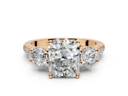 3 Stone Engagement Ring Setting for Radiant Cut Center with Crossover Basket, Pave Band and Prong Head in Rose Gold