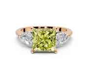 3 Stone Engagement Ring Setting for Fancy Yellow Princess Cut Center with Large Pear-Shaped Accents and Prong Head in Rose Gold