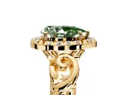 Halo Engagement Ring Setting for Fancy Green Pear-Shaped Center with Open Scroll Shoulders and Prong Head in Yellow Gold