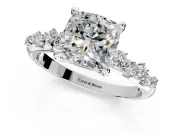 Solitaire Engagement Ring Setting for Cushion Cut Center with Trailing Leaf Accent Band and Prong Head in White Gold