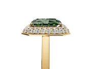 Halo Engagement Ring Setting for Fancy Green Radiant Cut Center with Plain Tapered Band and Prong Head in Yellow Gold