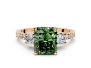 3 Stone Engagement Ring Setting for Fancy Green Radiant Cut Center with Round Cut Side Accents and Prong Head in Rose Gold