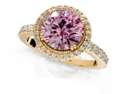 Halo Engagement Ring Setting for Fancy Pink Round Cut Center with Inner Milgrain Border and Prong Head in Yellow Gold