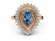Halo Engagement Ring Setting for Fancy Blue Pear-Shaped Center with Milgrain Bezel Rim, Plain Band and Prong Head in Rose Gold