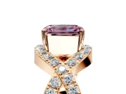 Halo Engagement Ring Setting for Fancy Pink Emerald Cut Center with Pave Infinity Twist Band and Prong Head in Rose Gold