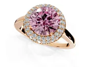 Halo Engagement Ring Setting for Fancy Pink Round Cut Center with Plain Tapered Band and Prong Head in Rose Gold