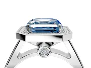 Halo Engagement Ring Setting for Fancy Blue Asscher Cut Center with Outer Bezel Rim, Pave Band and Prong Head in Sterling Silver