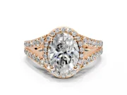 Halo Engagement Ring Setting for Oval Center with Narrow Pave Split Shank and Prong Head in Rose Gold