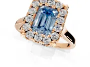Single Halo Engagement Ring Setting for Fancy Blue Emerald Cut Center with Corner Claws, Plain Band and Prong Head in Rose Gold