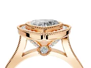 Halo Engagement Ring Setting for Heart-Shaped Center with Milgrain Frame, Pave Band and Prong Head in Rose Gold