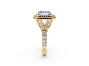 Double Halo Engagement Ring Setting for Fancy Blue Asscher Cut Center with Narrow Pave Split Shank and Prong Head in Yellow Gold