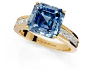 Solitaire Engagement Ring Setting for Fancy Blue Asscher Cut Center with Princess Cut Channel Band and Prong Head in Yellow Gold