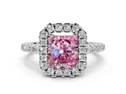 Pave Halo Engagement Ring Setting for Fancy Pink Radiant Cut Center with Single Row Pave Band and Prong Head in Platinum