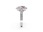 Halo Engagement Ring Setting for Fancy Pink Oval Center with Milgrain Channel Band and Prong Head in White Gold