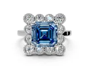 Cluster Halo Engagement Ring Setting for Fancy Blue Asscher Cut Center with Milgrain Bezel Accents and Prong Head in Sterling Silver