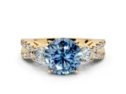 3 Stone Engagement Ring Setting for Fancy Blue Round Cut Center with Pave Split Shank and Prong Head in Yellow Gold