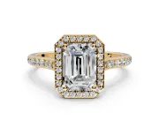 Halo Engagement Ring Setting for Emerald Cut Center with Pave Accents, Heart Basket and Prong Head in Yellow Gold