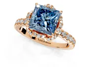 Halo Engagement Ring Setting for Fancy Blue Princess Cut Center with Openwork Halo, Pave Band and Prong Head in Rose Gold