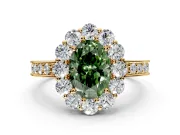 Halo Engagement Ring Setting for Fancy Green Oval Center with Milgrain Channel Band and Prong Head in Yellow Gold