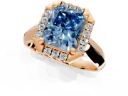 Halo Engagement Ring Setting for Fancy Blue Radiant Cut Center with Square Band and Prong Head in Rose Gold