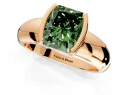 Tension Engagement Ring Setting for Fancy Green Radiant Cut Center with Wide Flat Band and Tension Head in Rose Gold