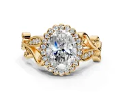 Halo Engagement Ring Setting for Oval Center with Leaf Motif Split Shank and Prong Head in Yellow Gold