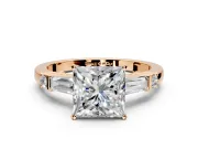 Bar-Set Engagement Ring Setting for Princess Cut Center with Tapered Baguette Accents and Prong Head in Rose Gold