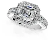 Milgrain Halo Engagement Ring Setting for Asscher Cut Center with Pave Band and Prong Head in Sterling Silver